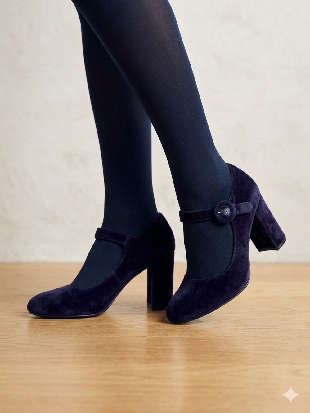 Lands’ End Navy Velvet Mary Jane Block Heel Pumps Vero Cuoio Leather Sole 7.5